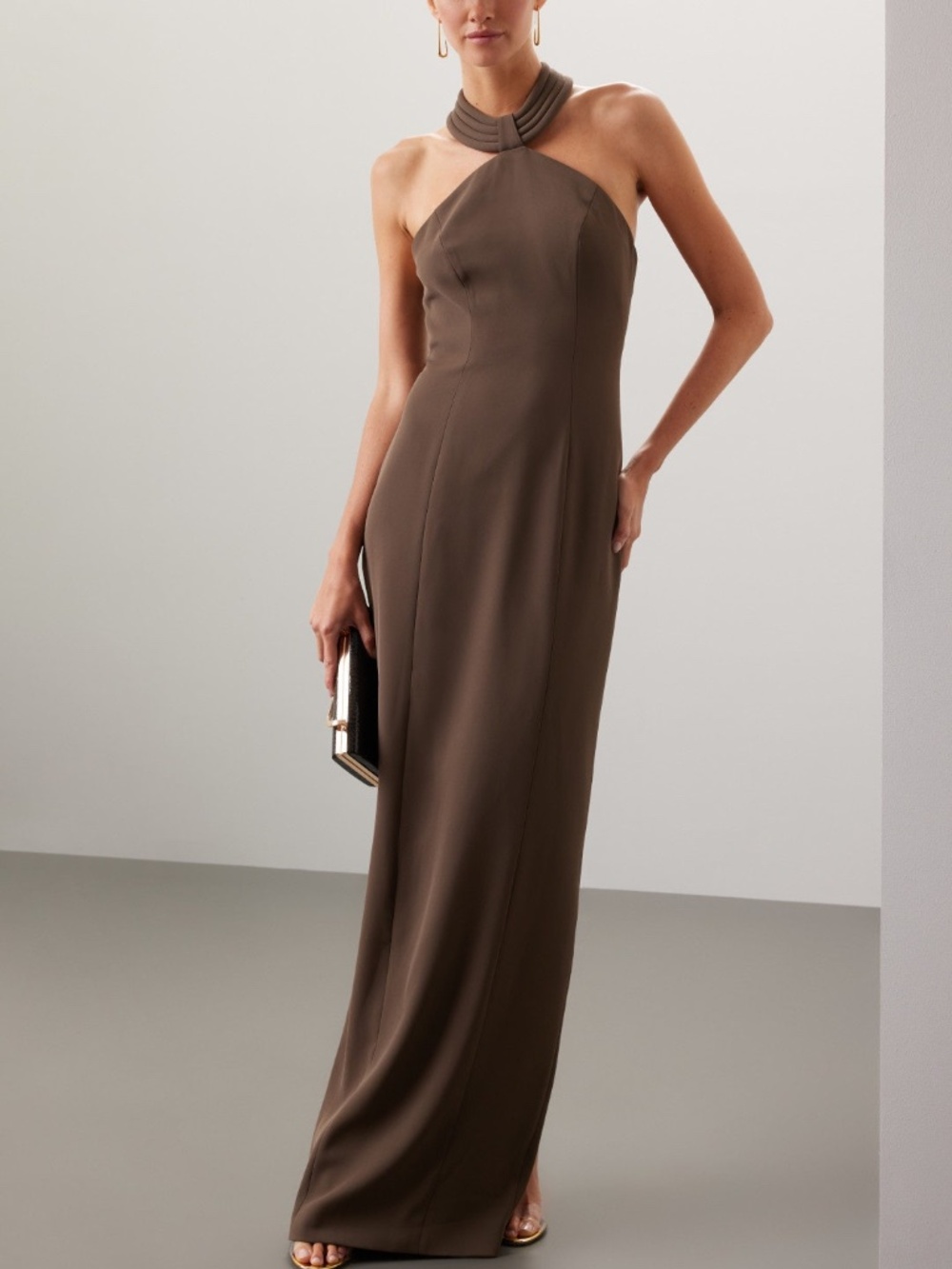 Ronny Kobo Lenox Gown Maxi Dress Brown Crepe Halter - Size Small - Picture 1 of 13